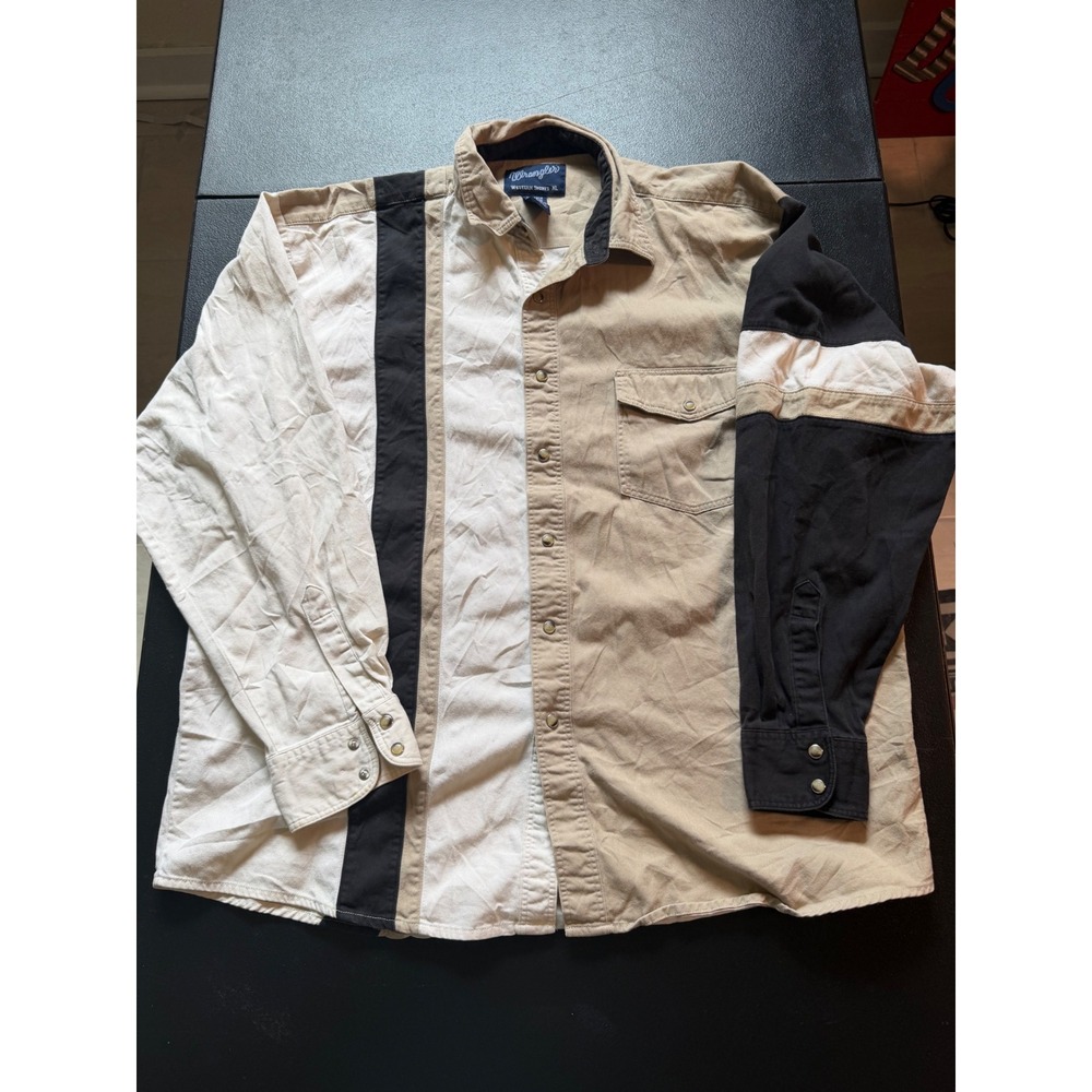 Wrangler Western Shirt XL Mens Colorblock Snap Front Cotton Tan White Black